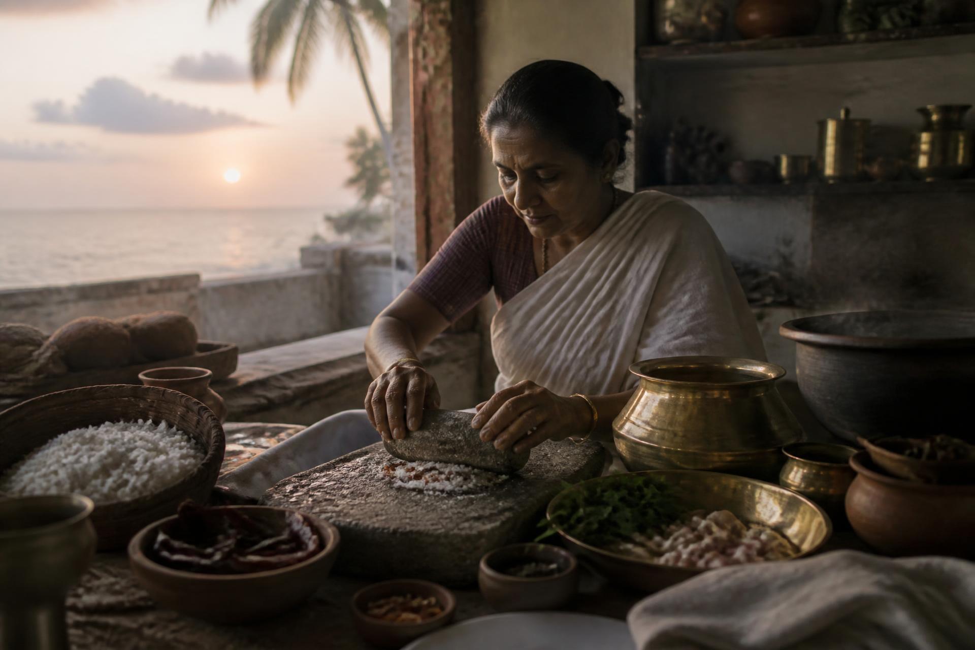 A grandmother grinding coconut masala on a stone beside the Karwar coast at dusk